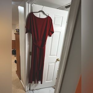 Red belted jump suit
